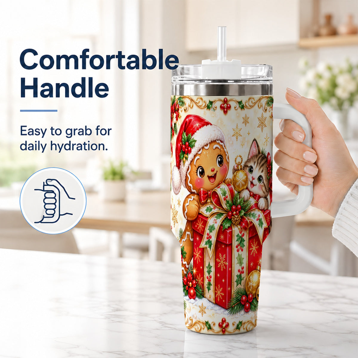 #pl[40oz|White] Gingerbread Cat 40oz Tumbler, Christmas Tumbler, Stainless Steel Travel Cup
