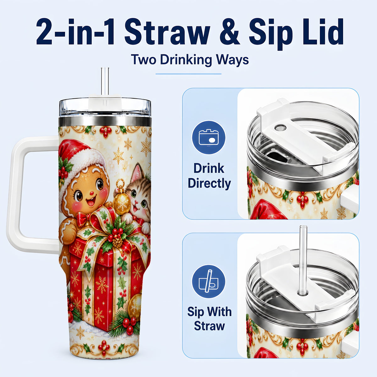 #pl[40oz|White] Gingerbread Cat 40oz Tumbler, Christmas Tumbler, Stainless Steel Travel Cup