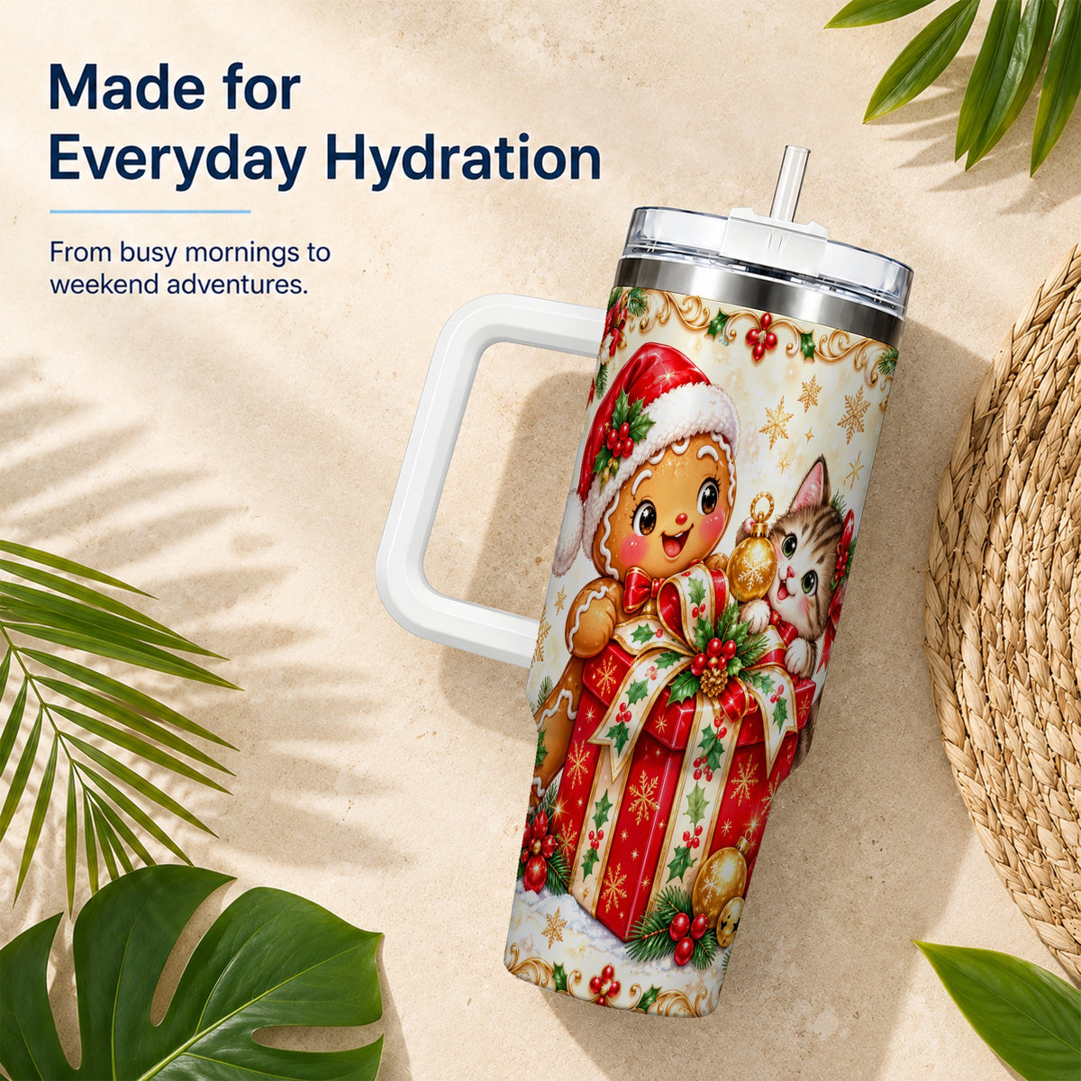 Gingerbread Cat 40oz Tumbler, Christmas Tumbler, Stainless Steel Travel Cup