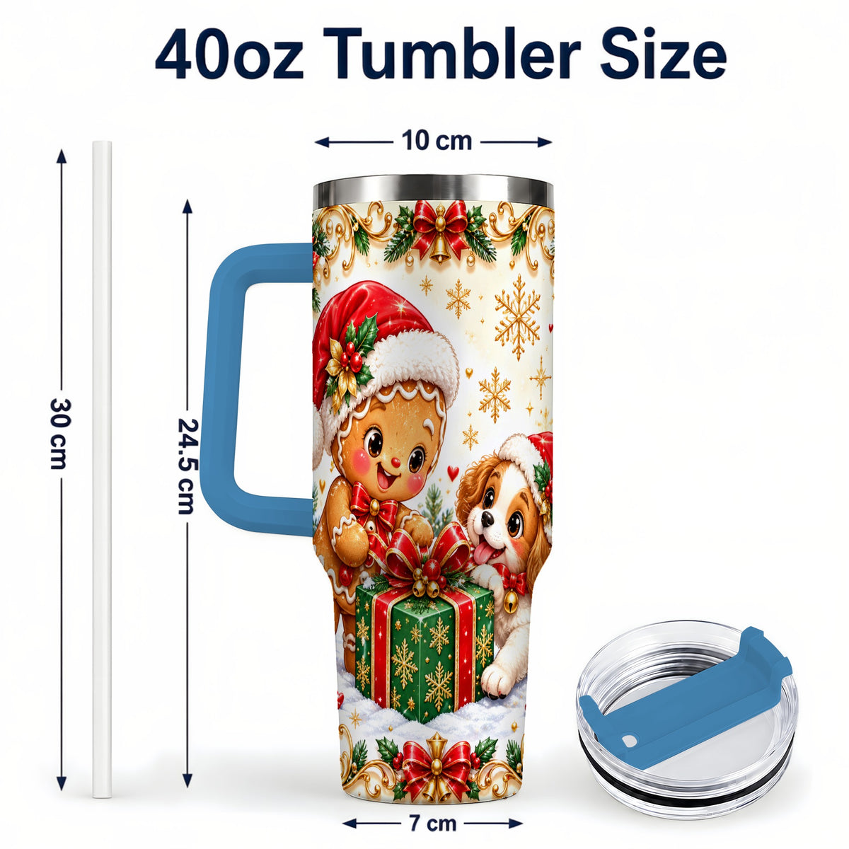 #pl[40oz|Blue] Gingerbread Dog 40oz Tumbler, Christmas Tumbler, Stainless Steel Travel Cup