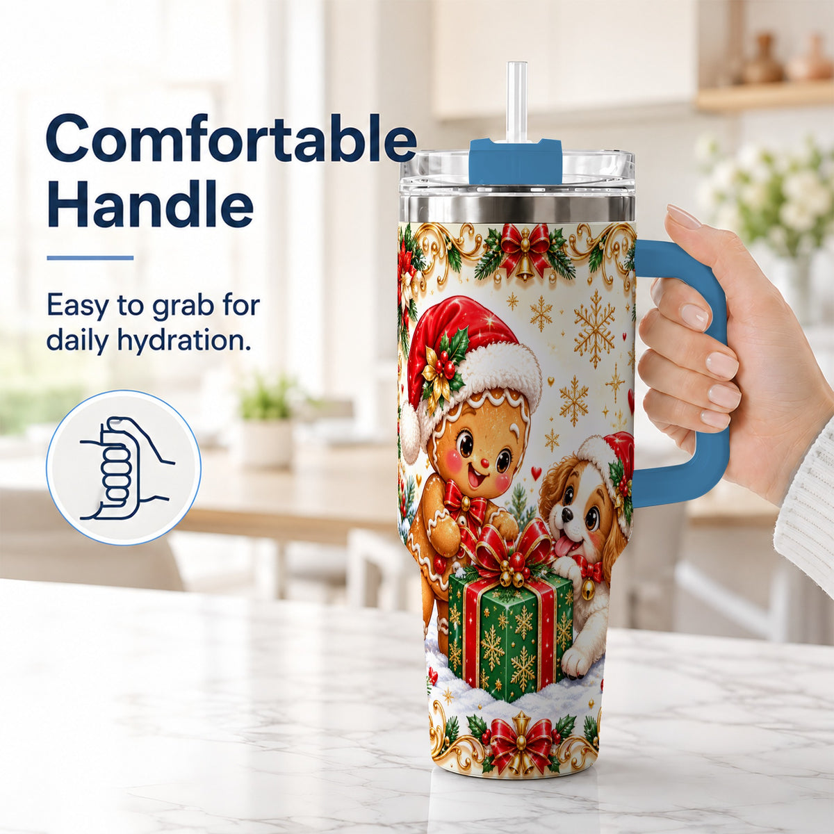 #pl[40oz|Blue] Gingerbread Dog 40oz Tumbler, Christmas Tumbler, Stainless Steel Travel Cup