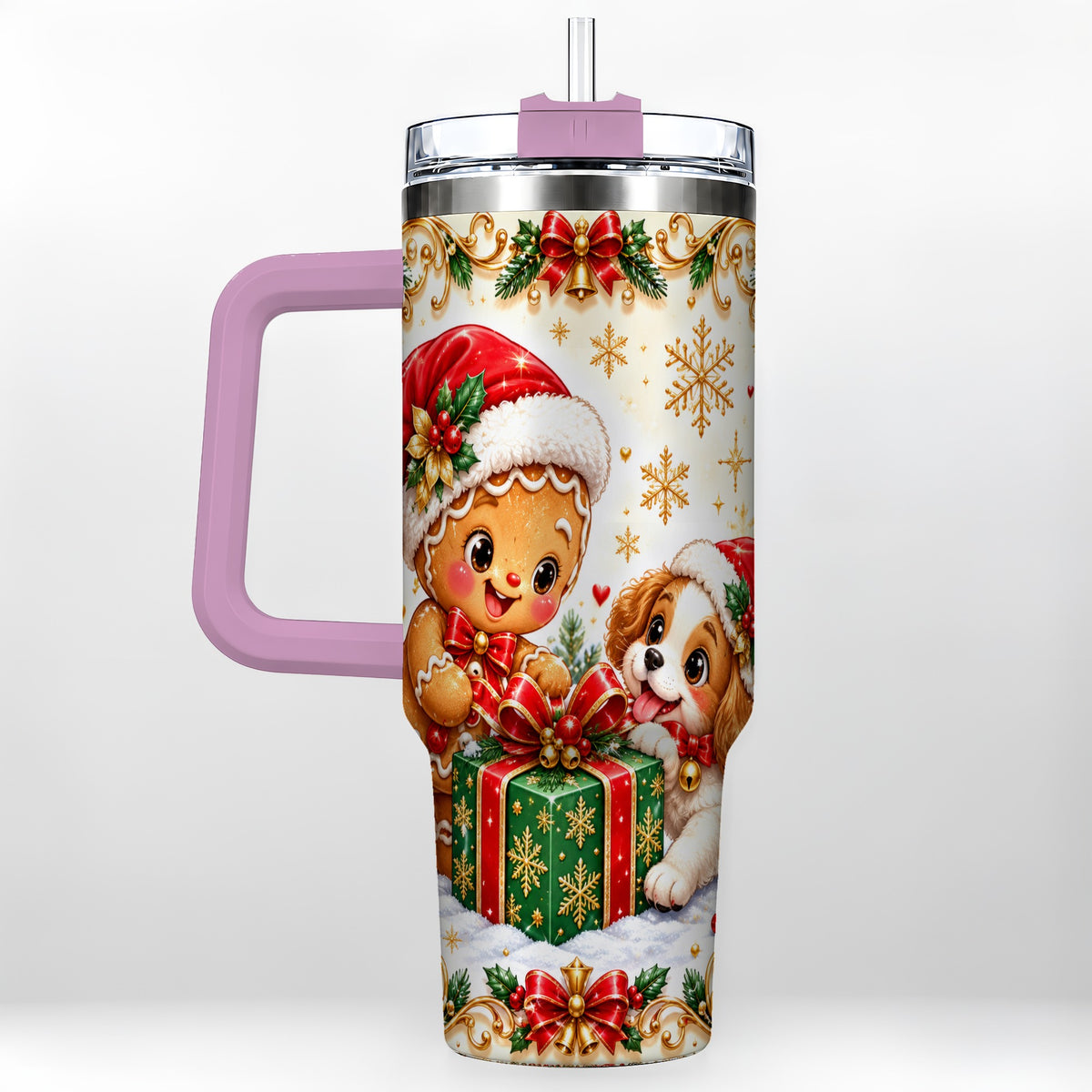#pl[40oz|Pink] Gingerbread Dog 40oz Tumbler, Christmas Tumbler, Stainless Steel Travel Cup