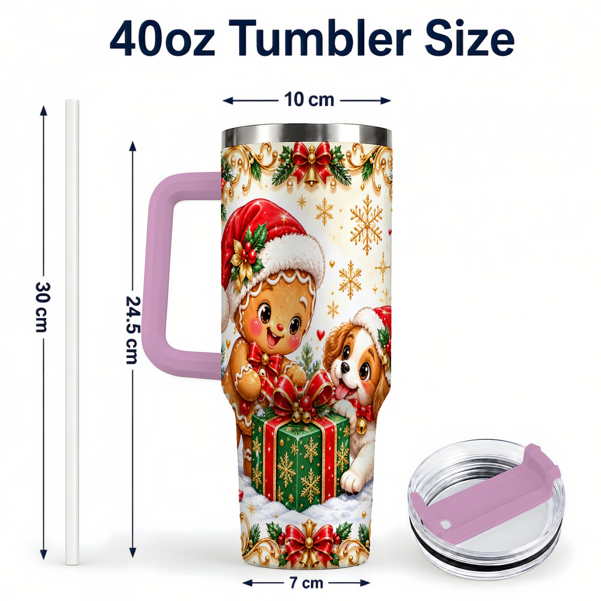 #pl[40oz|Pink] Gingerbread Dog 40oz Tumbler, Christmas Tumbler, Stainless Steel Travel Cup