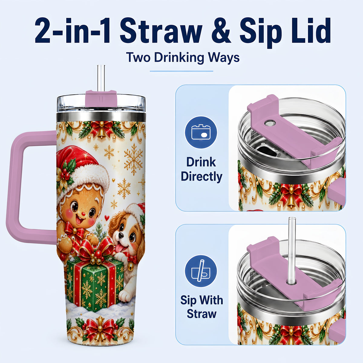 #pl[40oz|Pink] Gingerbread Dog 40oz Tumbler, Christmas Tumbler, Stainless Steel Travel Cup