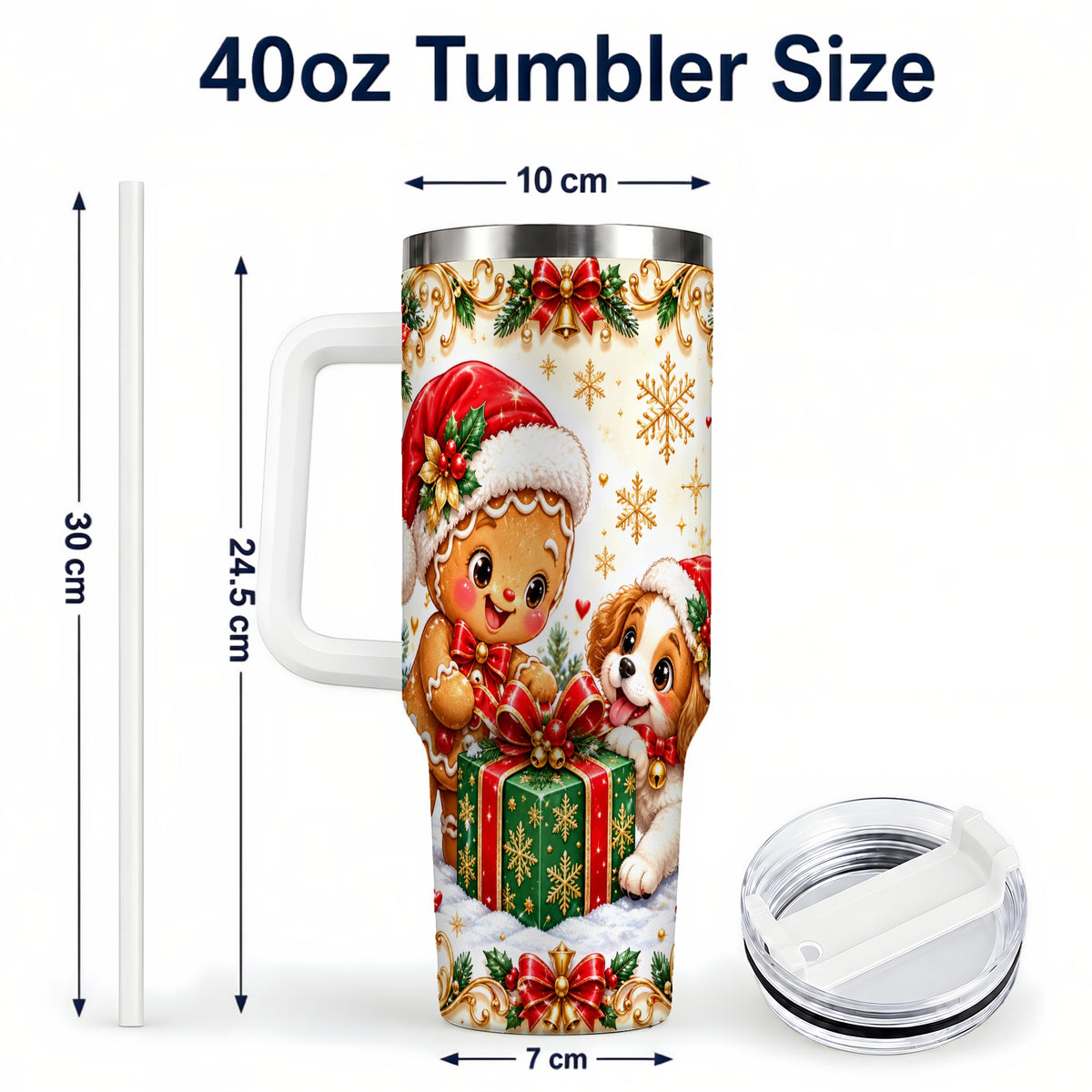 #pl[40oz|White] Gingerbread Dog 40oz Tumbler, Christmas Tumbler, Stainless Steel Travel Cup