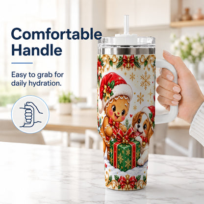 #pl[40oz|White] Gingerbread Dog 40oz Tumbler, Christmas Tumbler, Stainless Steel Travel Cup