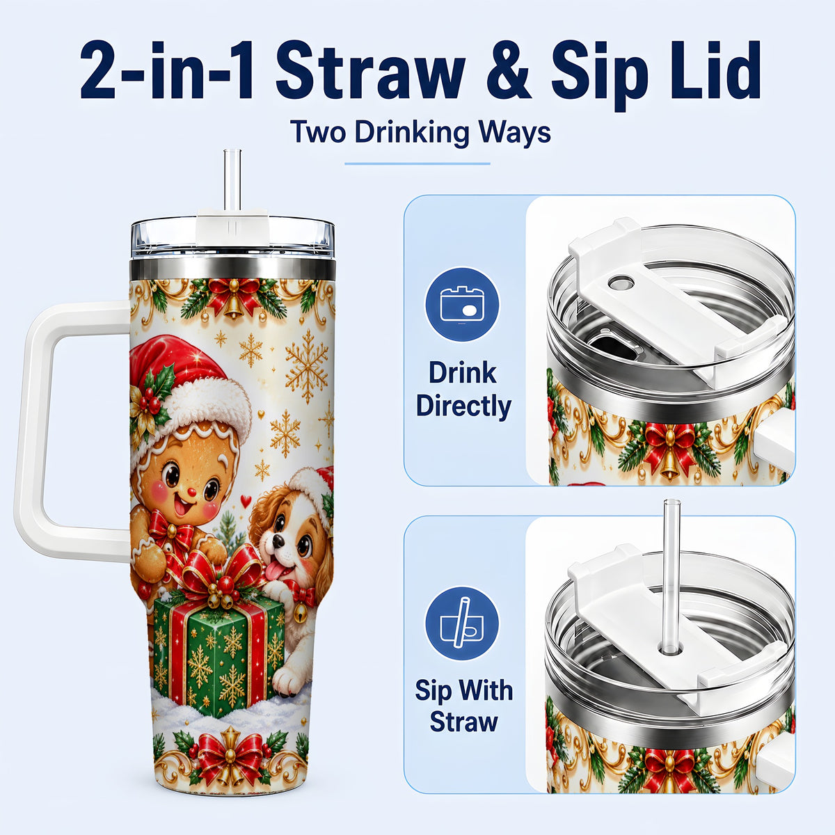 #pl[40oz|White] Gingerbread Dog 40oz Tumbler, Christmas Tumbler, Stainless Steel Travel Cup