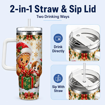 #pl[40oz|White] Gingerbread Dog 40oz Tumbler, Christmas Tumbler, Stainless Steel Travel Cup