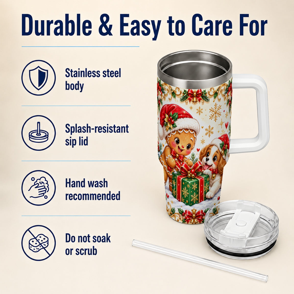 Gingerbread Dog 40oz Tumbler, Christmas Tumbler, Stainless Steel Travel Cup