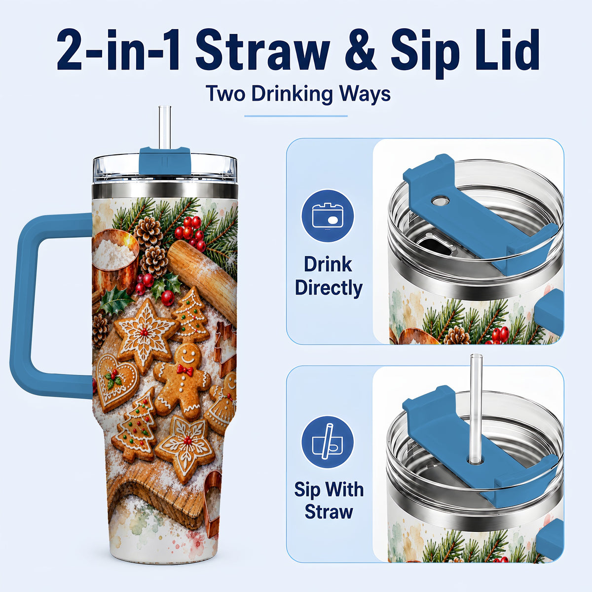 #pl[40oz|Blue] Christmas Baking 40oz Tumbler, Cookie Tumbler, Stainless Steel Travel Cup