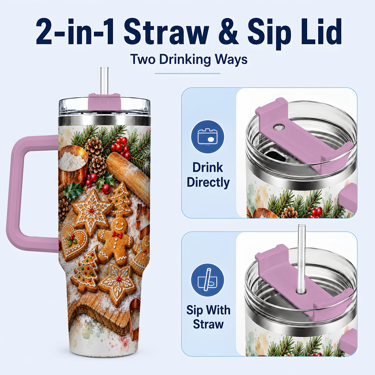 #pl[40oz|Pink] Christmas Baking 40oz Tumbler, Cookie Tumbler, Stainless Steel Travel Cup