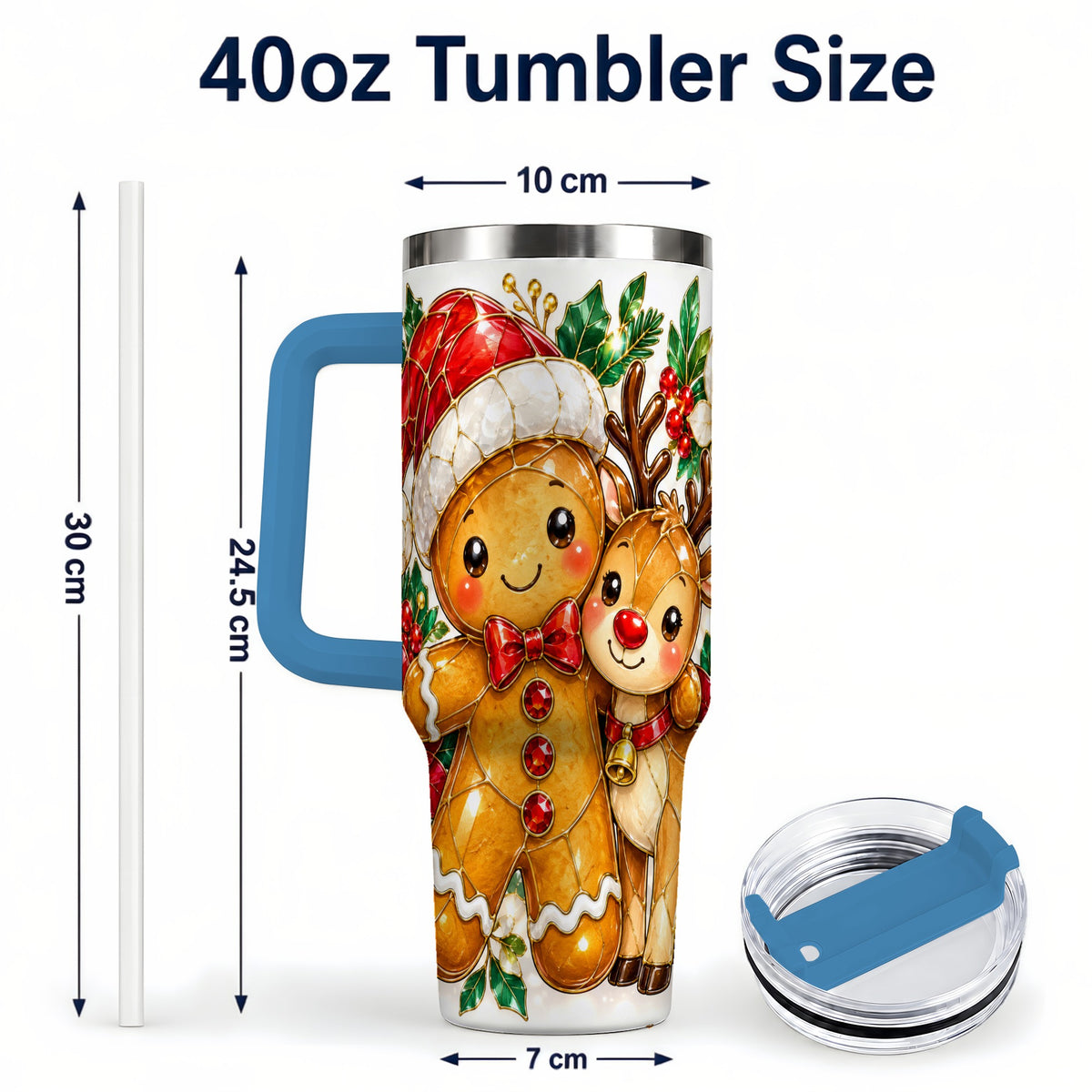 #pl[40oz|Blue] Gingerbread Reindeer 40oz Tumbler, Xmas Tumbler, Stainless Steel Travel Cup