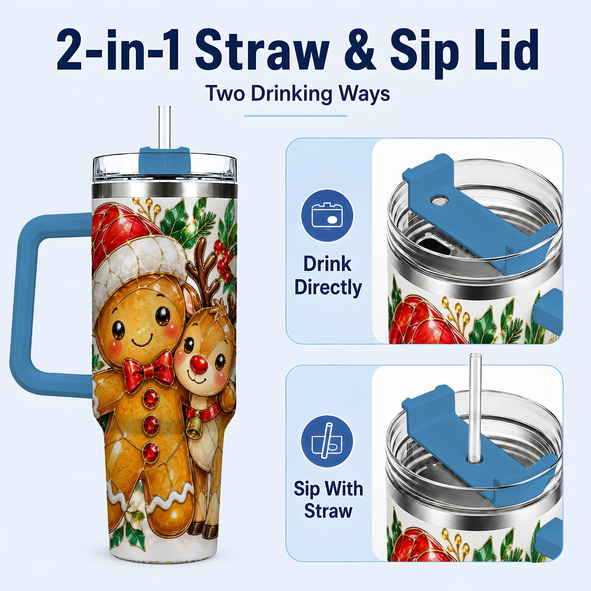 #pl[40oz|Blue] Gingerbread Reindeer 40oz Tumbler, Xmas Tumbler, Stainless Steel Travel Cup