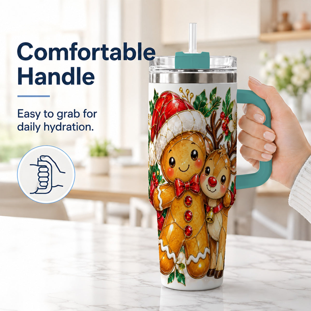 #pl[40oz|Green] Gingerbread Reindeer 40oz Tumbler, Xmas Tumbler, Stainless Steel Travel Cup
