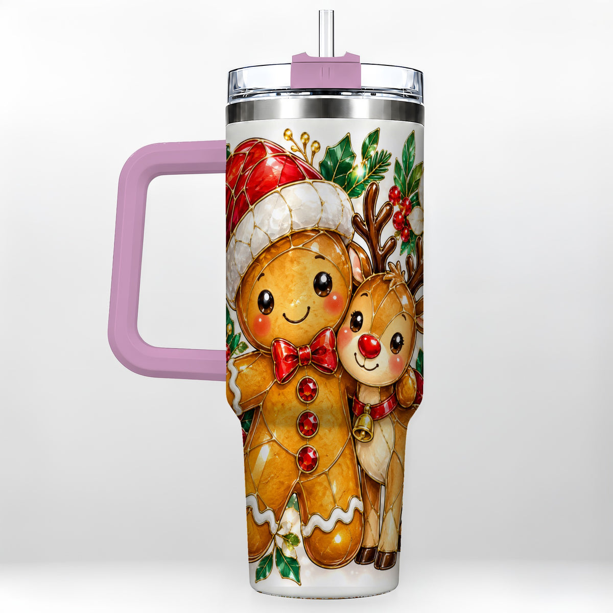 #pl[40oz|Pink] Gingerbread Reindeer 40oz Tumbler, Xmas Tumbler, Stainless Steel Travel Cup