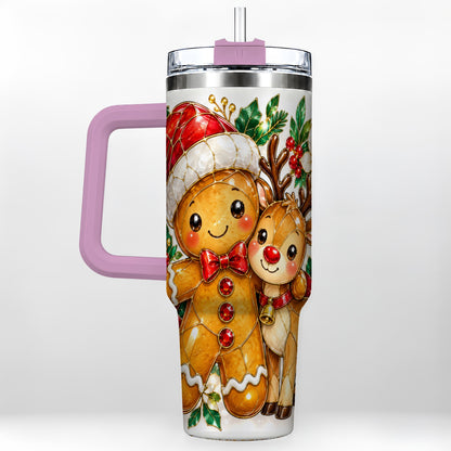 #pl[40oz|Pink] Gingerbread Reindeer 40oz Tumbler, Xmas Tumbler, Stainless Steel Travel Cup