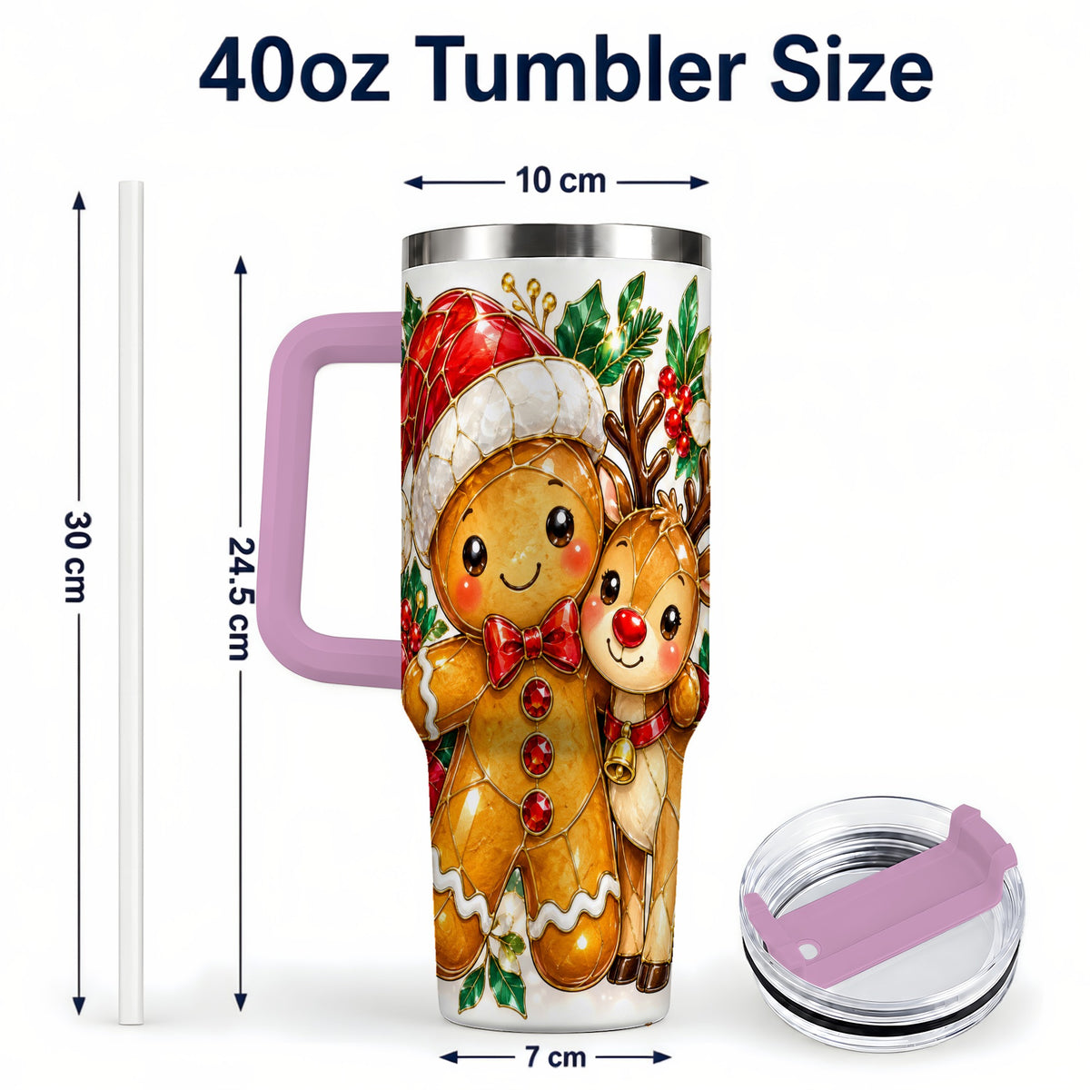 #pl[40oz|Pink] Gingerbread Reindeer 40oz Tumbler, Xmas Tumbler, Stainless Steel Travel Cup