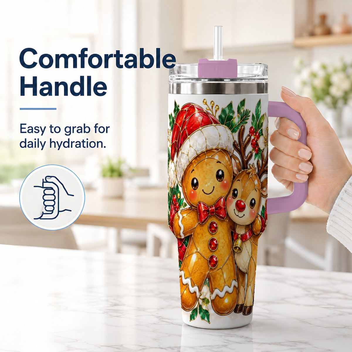 #pl[40oz|Pink] Gingerbread Reindeer 40oz Tumbler, Xmas Tumbler, Stainless Steel Travel Cup