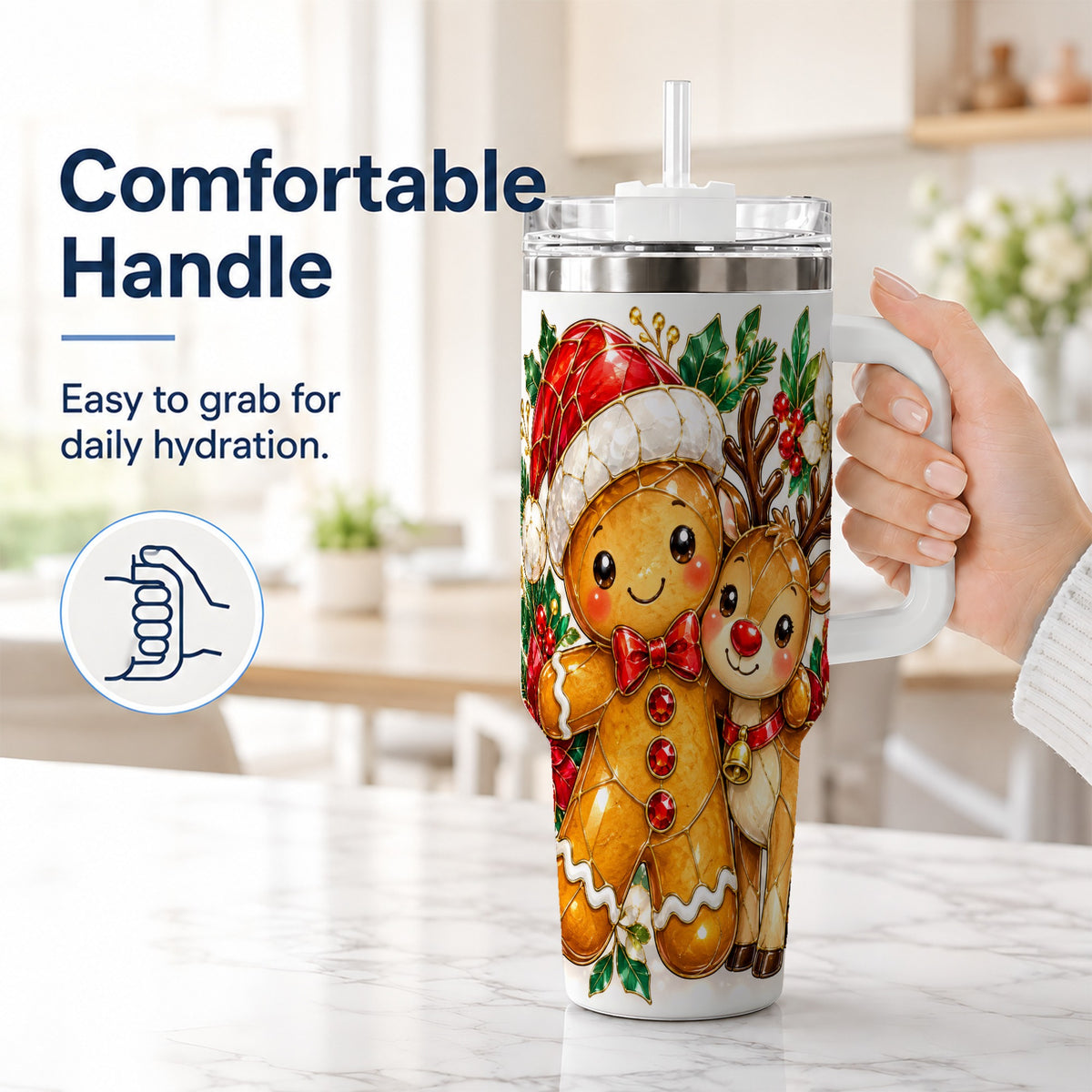 #pl[40oz|White] Gingerbread Reindeer 40oz Tumbler, Xmas Tumbler, Stainless Steel Travel Cup
