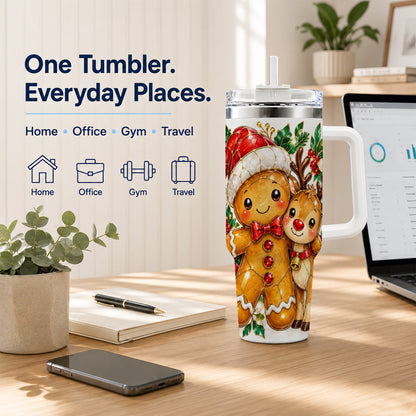 Gingerbread Reindeer 40oz Tumbler, Xmas Tumbler, Stainless Steel Travel Cup