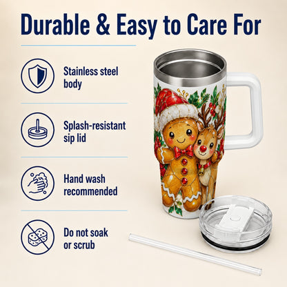 Gingerbread Reindeer 40oz Tumbler, Xmas Tumbler, Stainless Steel Travel Cup