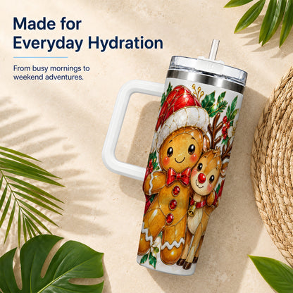 Gingerbread Reindeer 40oz Tumbler, Xmas Tumbler, Stainless Steel Travel Cup