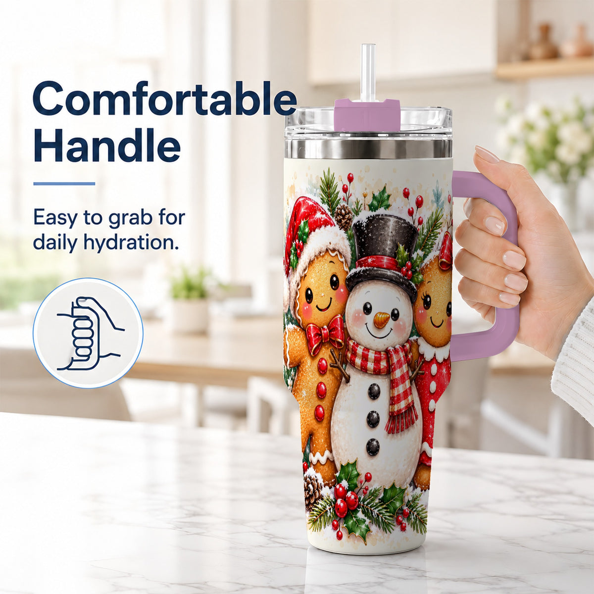 #pl[40oz|Pink] Gingerbread Snowman 40oz Tumbler, Christmas Stainless Steel Travel Cup