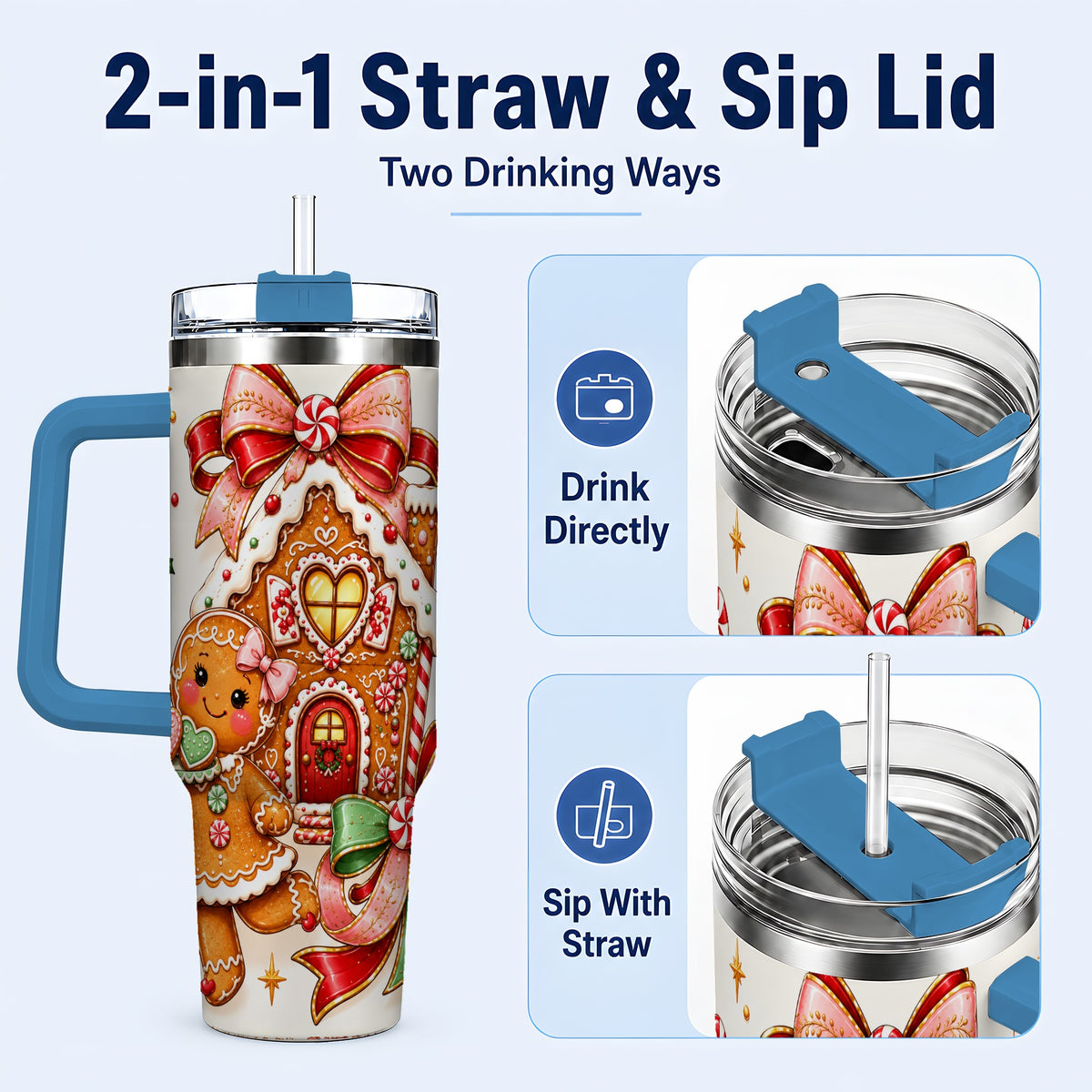 #pl[40oz|Blue] Gingerbread House 40oz Tumbler, Christmas Stainless Steel Travel Cup