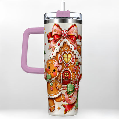#pl[40oz|Pink] Gingerbread House 40oz Tumbler, Christmas Stainless Steel Travel Cup