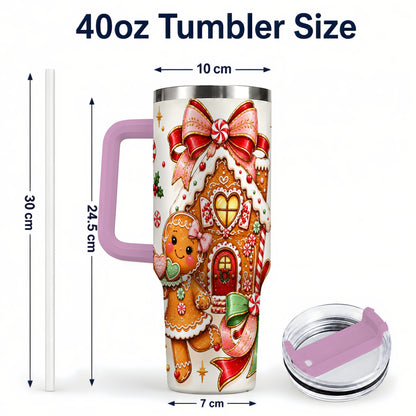 #pl[40oz|Pink] Gingerbread House 40oz Tumbler, Christmas Stainless Steel Travel Cup