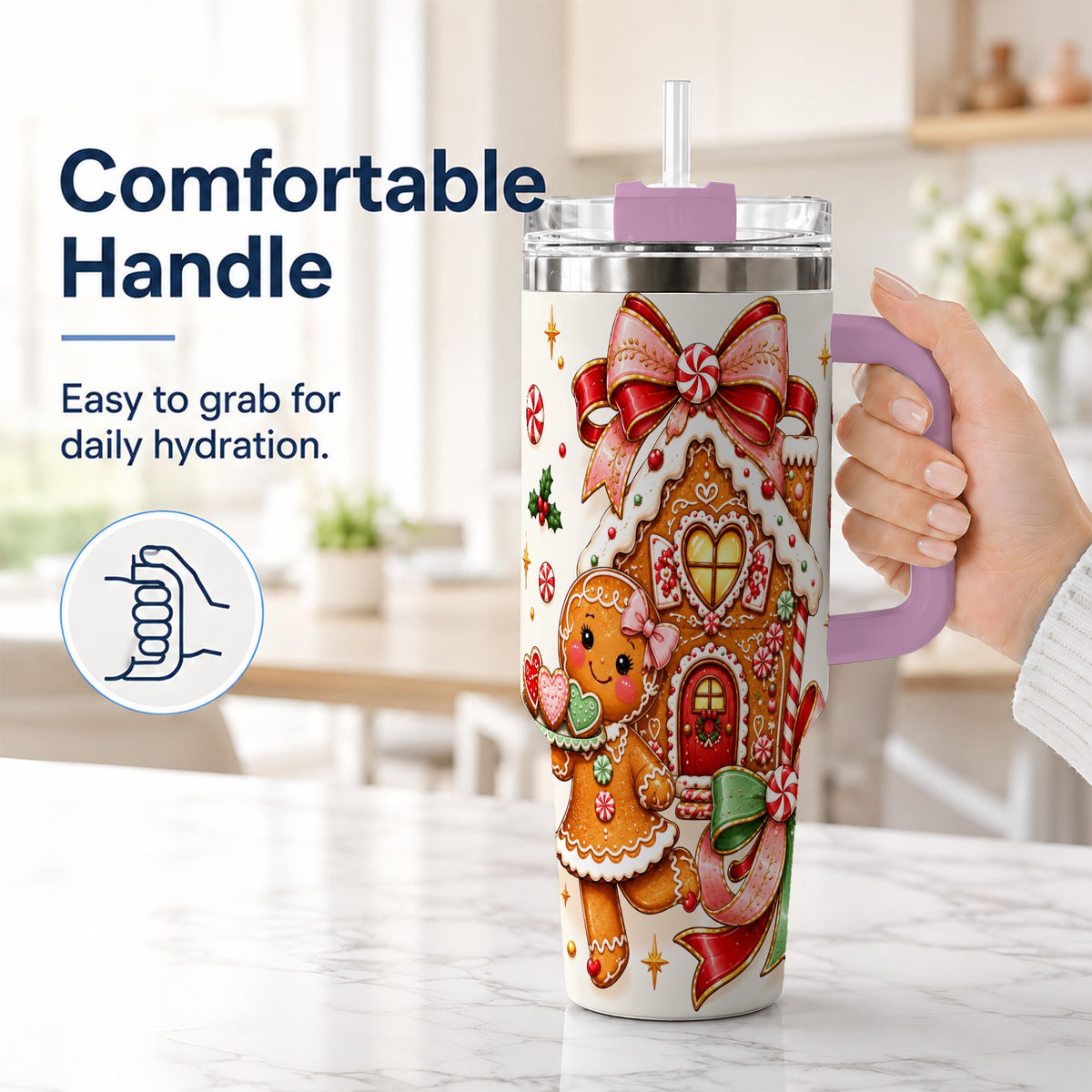 #pl[40oz|Pink] Gingerbread House 40oz Tumbler, Christmas Stainless Steel Travel Cup