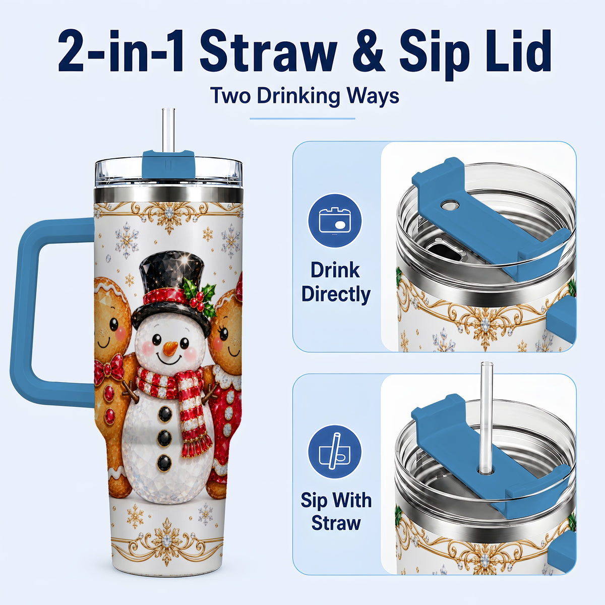 #pl[40oz|Blue] Jeweled Gingerbread 40oz Tumbler, Christmas Stainless Steel Travel Cup