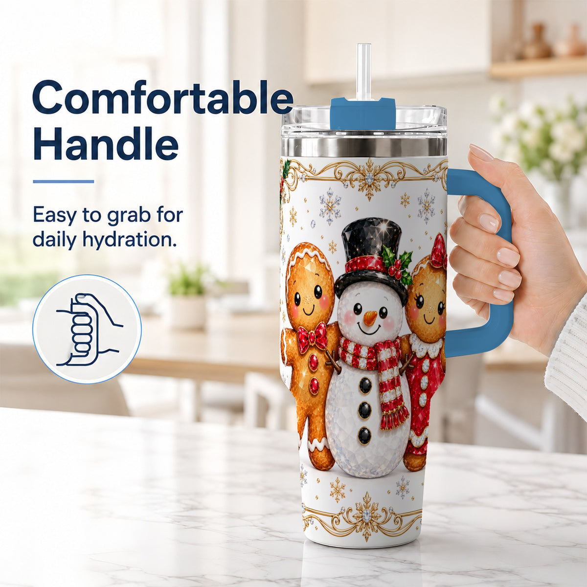 #pl[40oz|Blue] Jeweled Gingerbread 40oz Tumbler, Christmas Stainless Steel Travel Cup