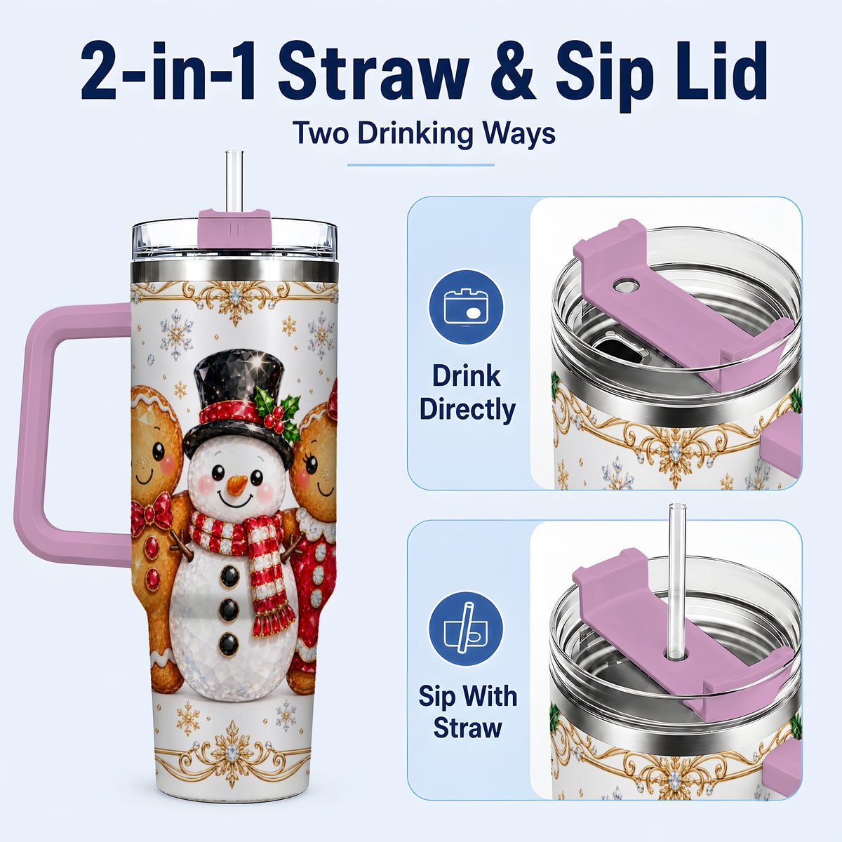 #pl[40oz|Pink] Jeweled Gingerbread 40oz Tumbler, Christmas Stainless Steel Travel Cup