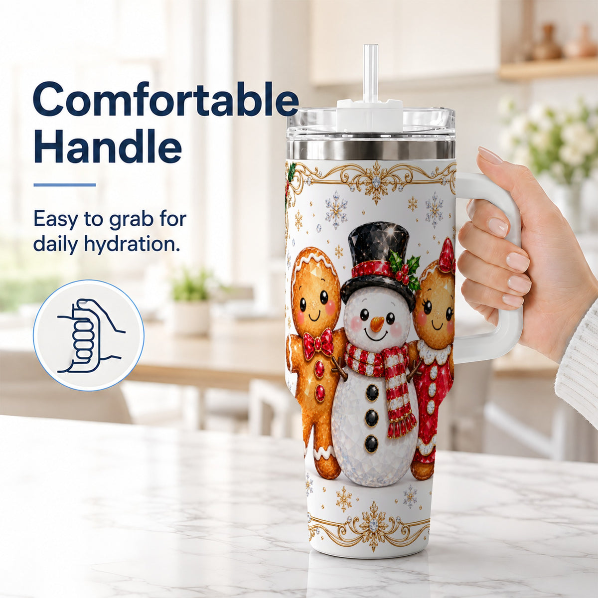 #pl[40oz|White] Jeweled Gingerbread 40oz Tumbler, Christmas Stainless Steel Travel Cup