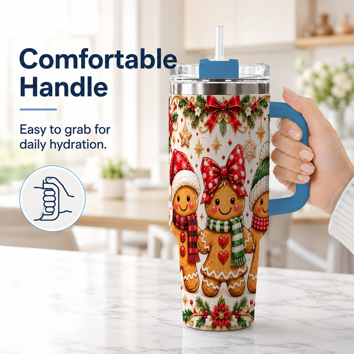 #pl[40oz|Blue] Gingerbread Family 40oz Tumbler, Christmas Stainless Steel Travel Cup