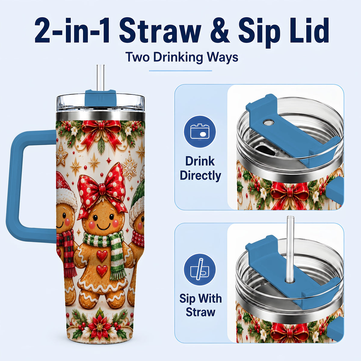 #pl[40oz|Blue] Gingerbread Family 40oz Tumbler, Christmas Stainless Steel Travel Cup