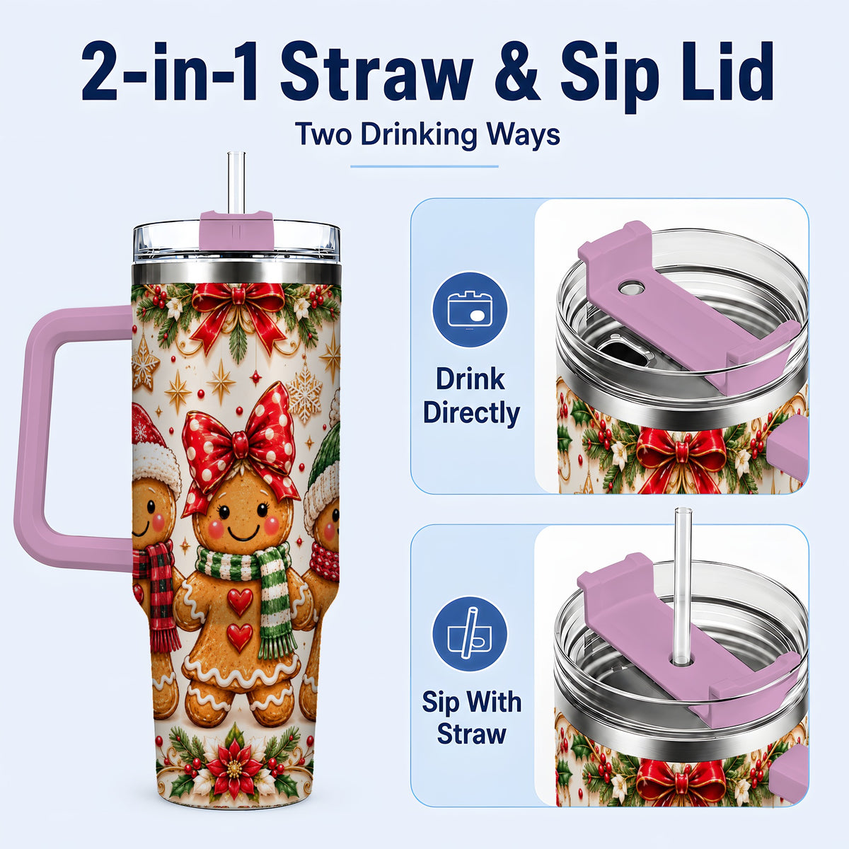 #pl[40oz|Pink] Gingerbread Family 40oz Tumbler, Christmas Stainless Steel Travel Cup