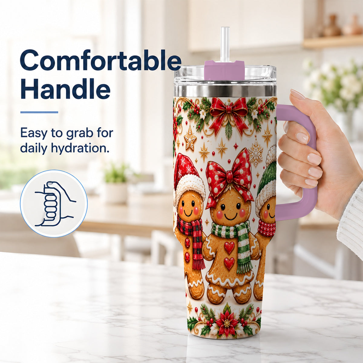 #pl[40oz|Pink] Gingerbread Family 40oz Tumbler, Christmas Stainless Steel Travel Cup