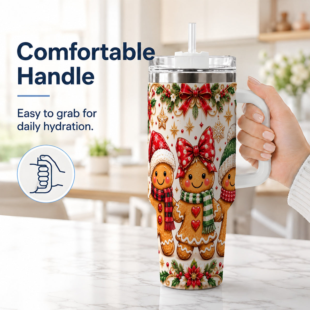 #pl[40oz|White] Gingerbread Family 40oz Tumbler, Christmas Stainless Steel Travel Cup
