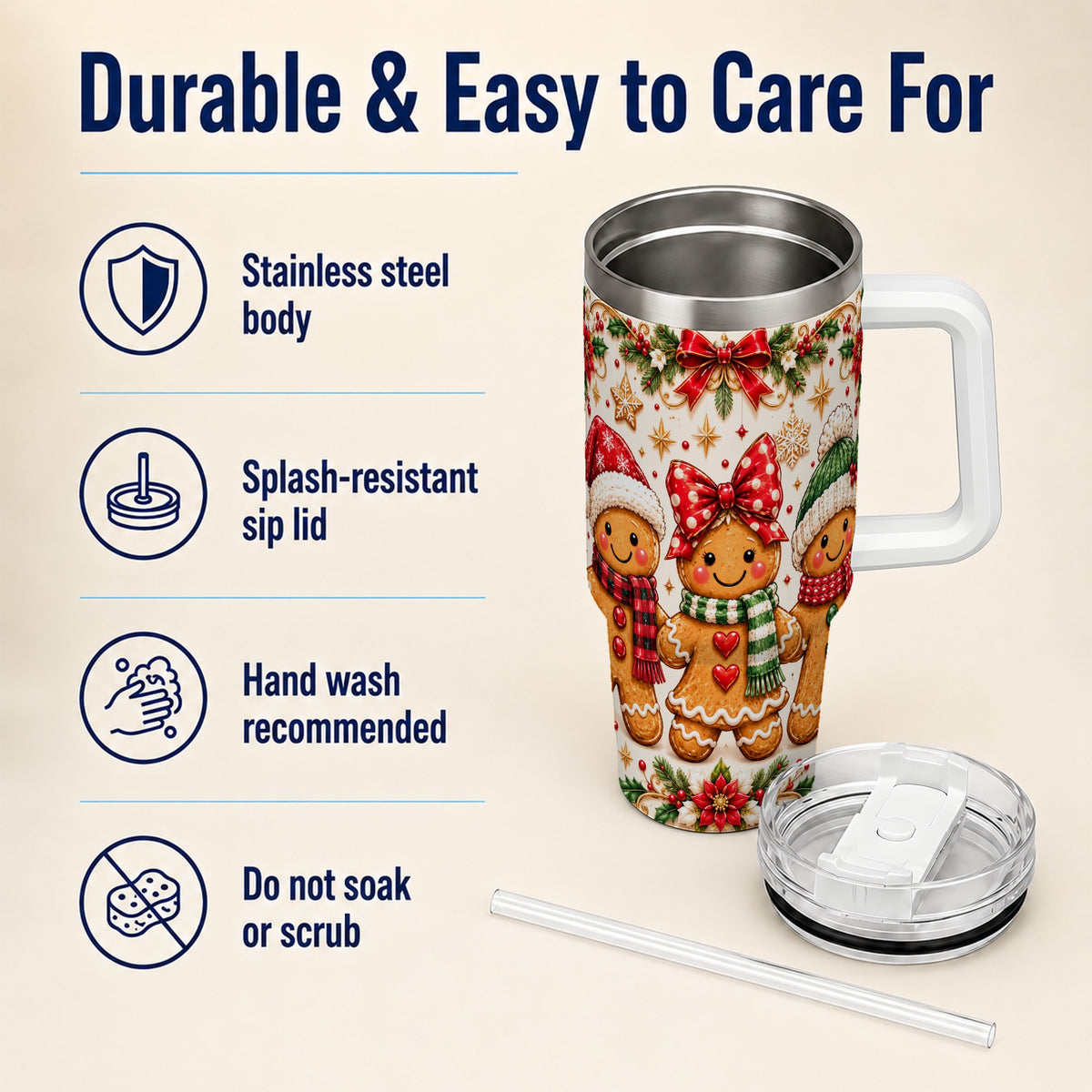 Gingerbread Family 40oz Tumbler, Christmas Stainless Steel Travel Cup