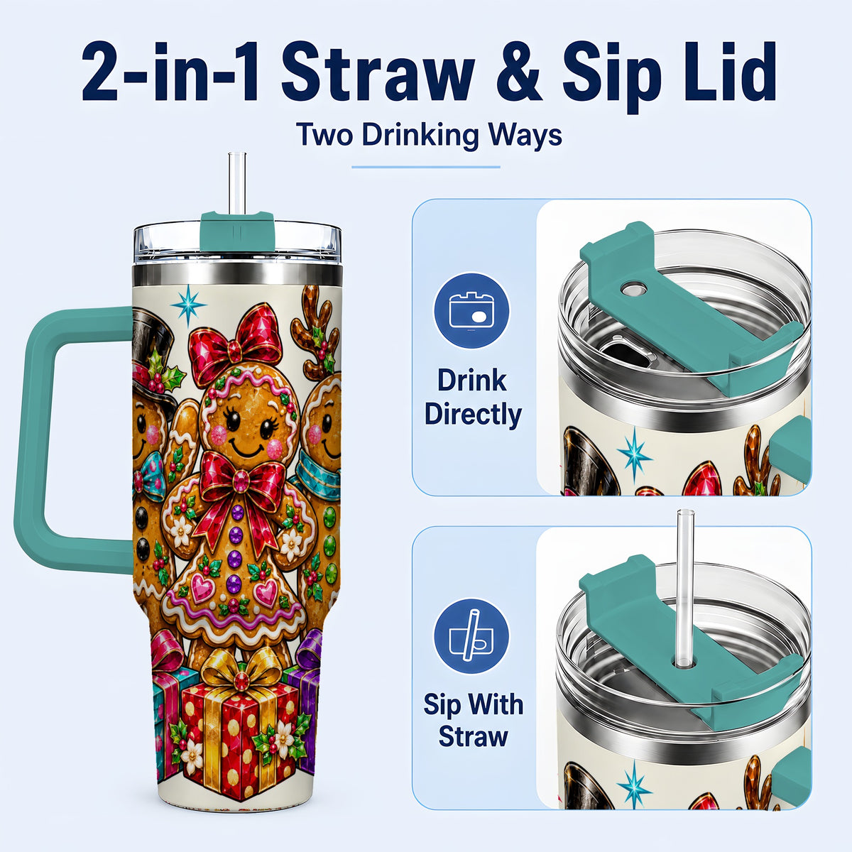 #pl[40oz|Green] Gingerbread Friends 40oz Tumbler, Christmas Stainless Steel Travel Cup