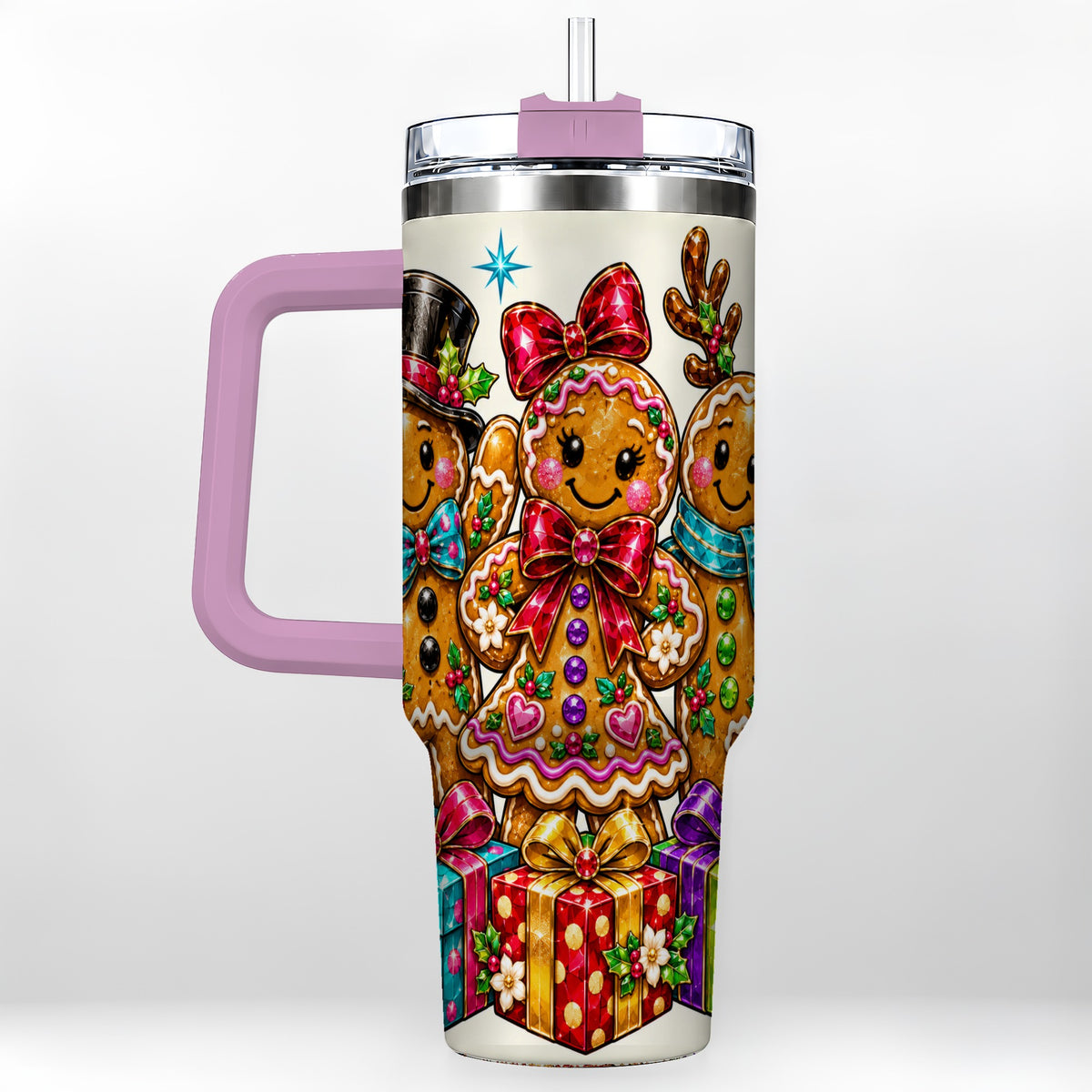 #pl[40oz|Pink] Gingerbread Friends 40oz Tumbler, Christmas Stainless Steel Travel Cup