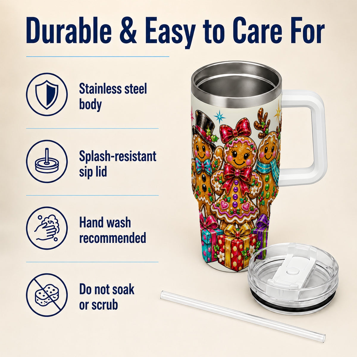 Gingerbread Friends 40oz Tumbler, Christmas Stainless Steel Travel Cup