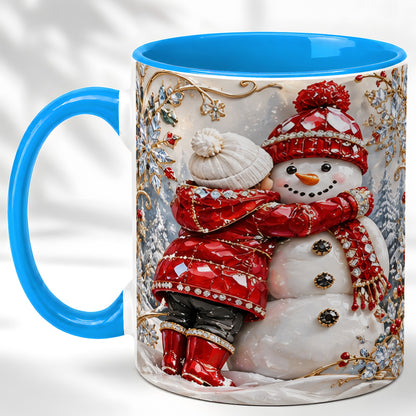 #pl[11oz|Blue] Snowman Hug Coffee Mug, Winter Snowman Mug, Ceramic Cup