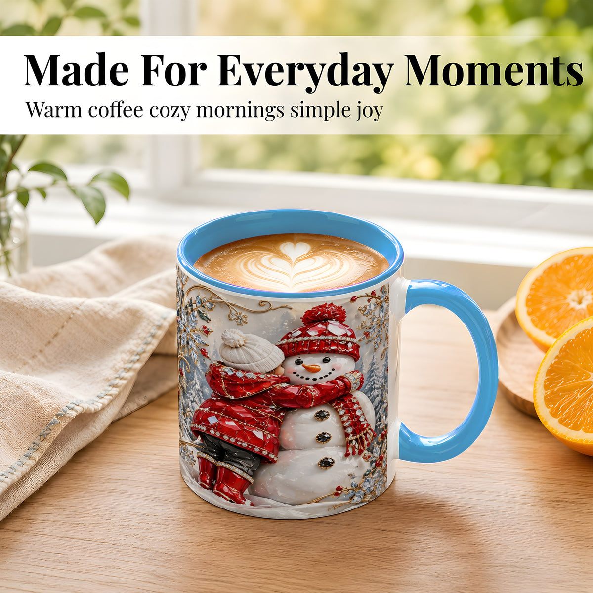 #pl[11oz|Blue] Snowman Hug Coffee Mug, Winter Snowman Mug, Ceramic Cup