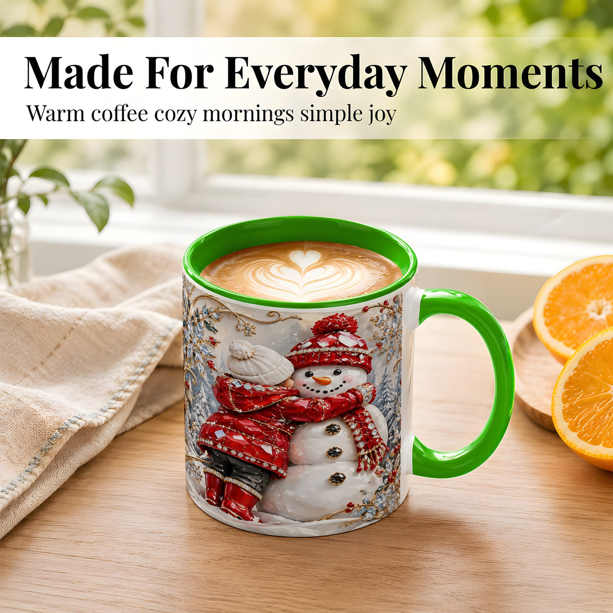 #pl[11oz|Green] Snowman Hug Coffee Mug, Winter Snowman Mug, Ceramic Cup