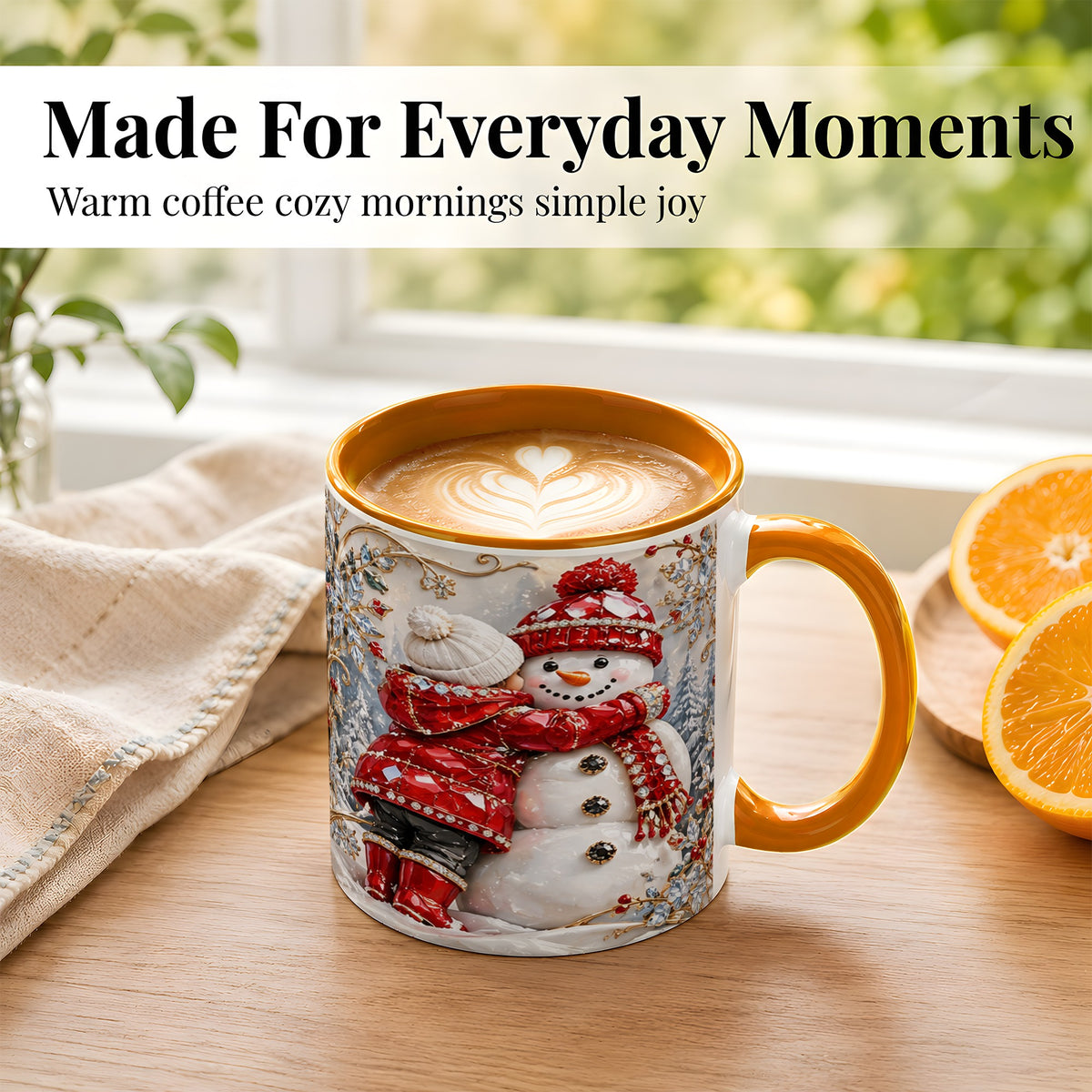#pl[11oz|Orange] Snowman Hug Coffee Mug, Winter Snowman Mug, Ceramic Cup