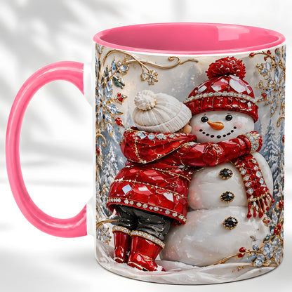 #pl[11oz|Pink] Snowman Hug Coffee Mug, Winter Snowman Mug, Ceramic Cup