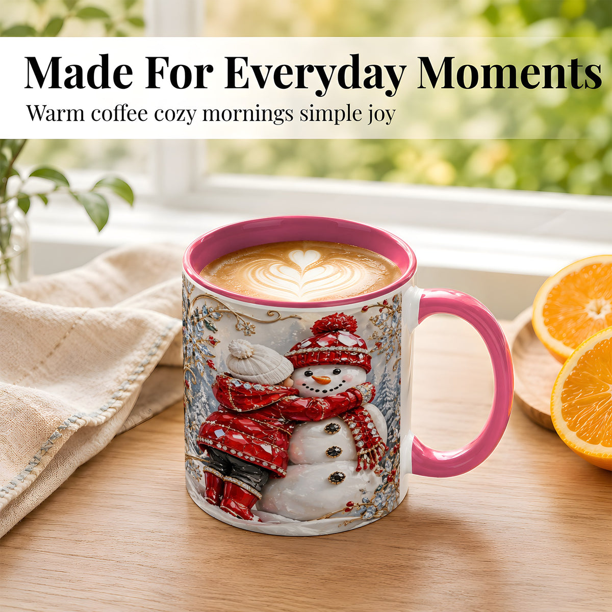 #pl[11oz|Pink] Snowman Hug Coffee Mug, Winter Snowman Mug, Ceramic Cup